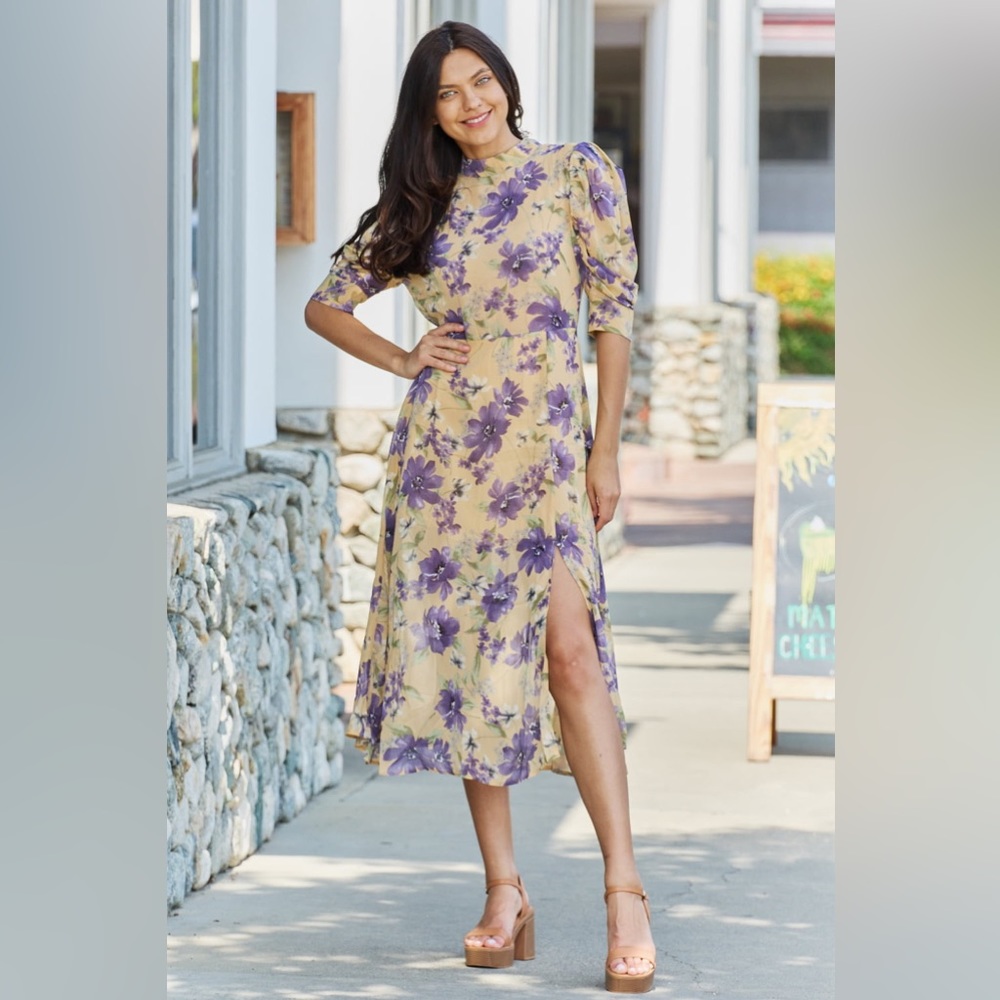 GeeGee Key To Love Puff Sleeve Floral Midi Dress in Yellow